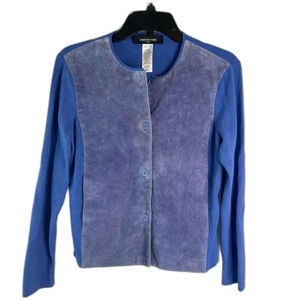 Jones New York Petite‎ Blue Leather Panel Front Button Sweater Size PM
